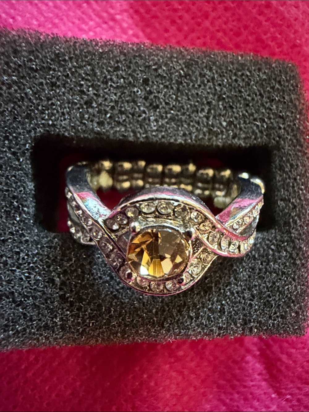Silver-Tone Stretch Ring with Amber Center & Clear Pave Accents, (J296)